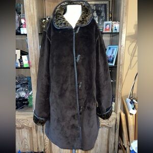 EUC Dennis Basso Chocolate Teddy Jacket with Leopard Accents